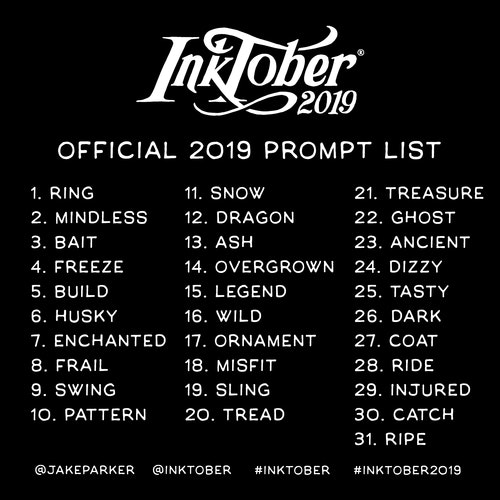 This year's official InkTober prompt list via https://inktober.com/rules
