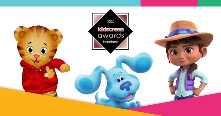 Kidscreen Awards 2022 Nominations - Brown Bag Films banner image featuring Daniel Tiger, Blue's Clues & You, and Ridley Jones