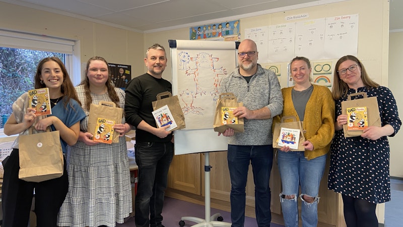 Our Bookbag team: Eoghan Lynch, Mårten Jönmark and Jenni Clifford of Brown Bag Films, with Claire Hourihane, Ruth Ennis and Elaina Ryan from Children's Books Ireland, at the launch of Bookbag 2023 in Gaelscoil Phádraig