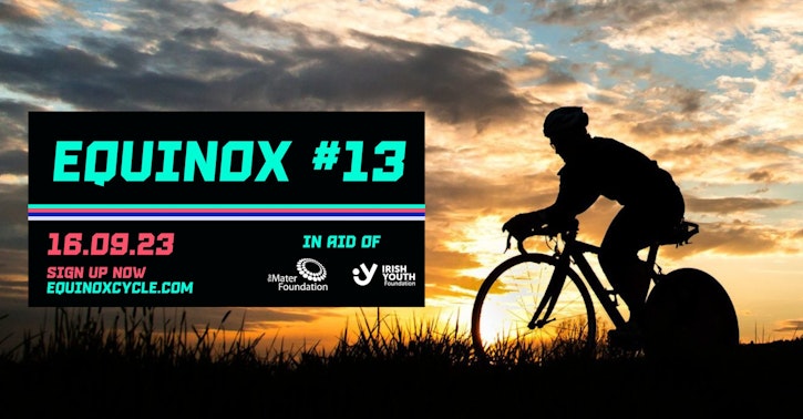 Equinox Charity Cycle banner image featuring an image of a cyclist and details of the 2023 cycle